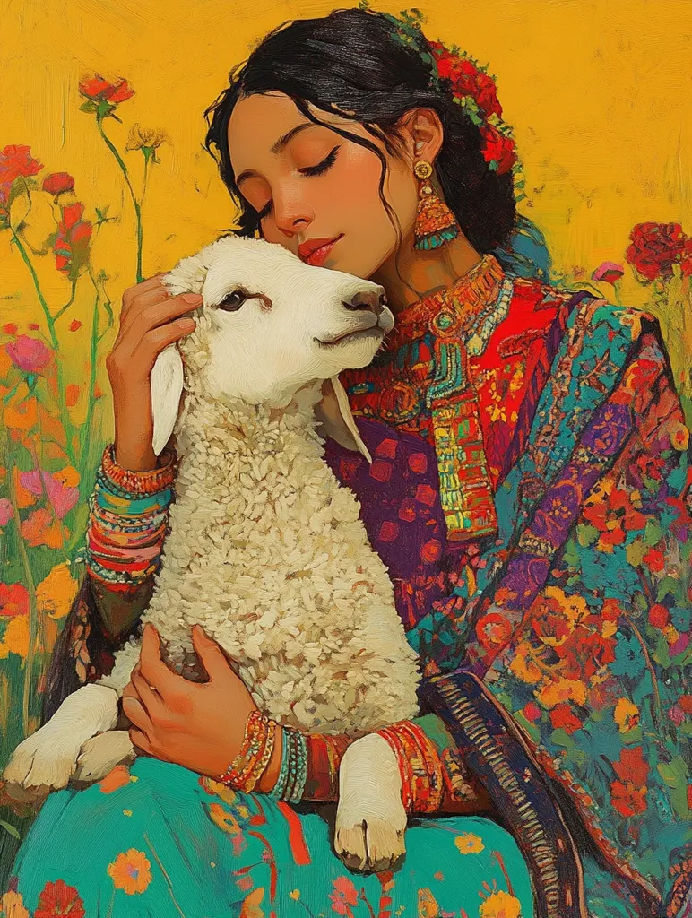 A young woman with long black hair and a colorful, patterned dress is cradling a white lamb in her arms. She is adorned with jewelry and flowers. Her eyes are closed as she gazes lovingly at the lamb. The background features a field of yellow and orange flowers. The painting evokes a sense of peace, tenderness, and connection between the woman and the animal.