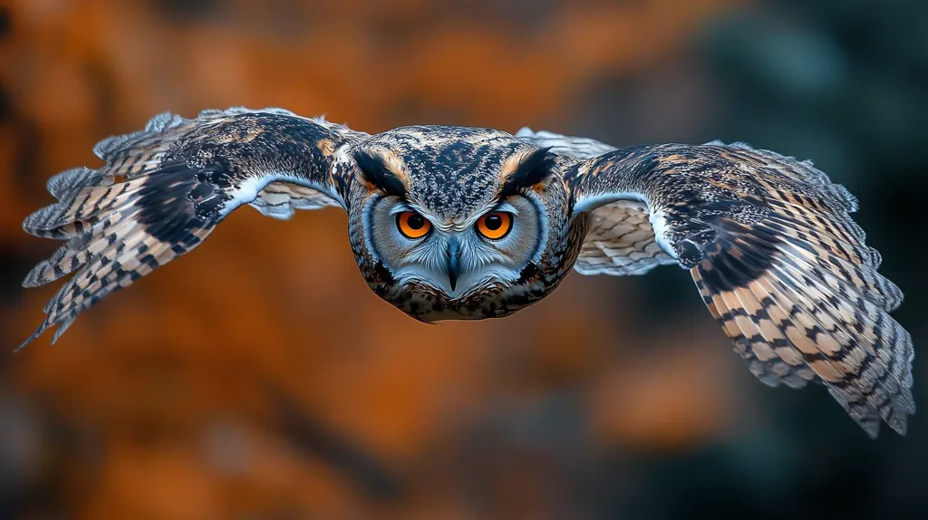 The image shows an owl in flight, looking directly at the camera with its piercing orange eyes. Its wings are spread wide, showcasing intricate patterns of black, white, and brown feathers. The owl's face is sharp and focused, creating a sense of intensity. The background is blurred, emphasizing the owl as the central focus.  The image is captured at a close-up, providing a detailed view of the owl's features.