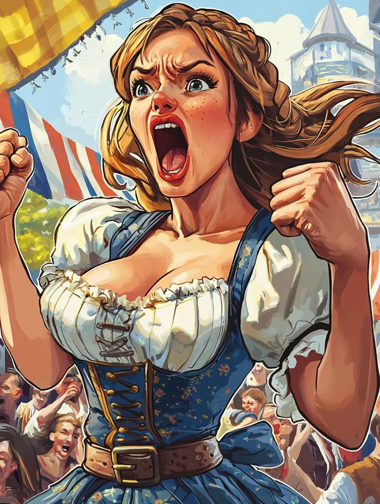 A woman with long blonde hair, wearing a traditional German dirndl dress, is cheering excitedly with her arms raised. She has a wide, open mouth and is shouting.  She is surrounded by a blurred crowd of people, creating a sense of energy and excitement. The background includes a yellow and white checkered flag and a medieval-looking building.  The image captures the vibrancy and emotion of a festive celebration.