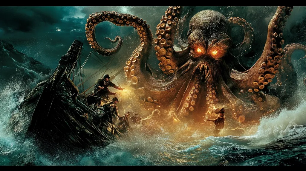 A giant, menacing octopus with glowing red eyes emerges from the stormy sea, its tentacles wrapped around a ship. Pirates on the ship desperately fight for their lives, firing their weapons and clinging to the wreckage as the creature threatens to pull them under. The scene is full of dramatic tension, capturing the fear and chaos of a battle against a mythical sea monster.