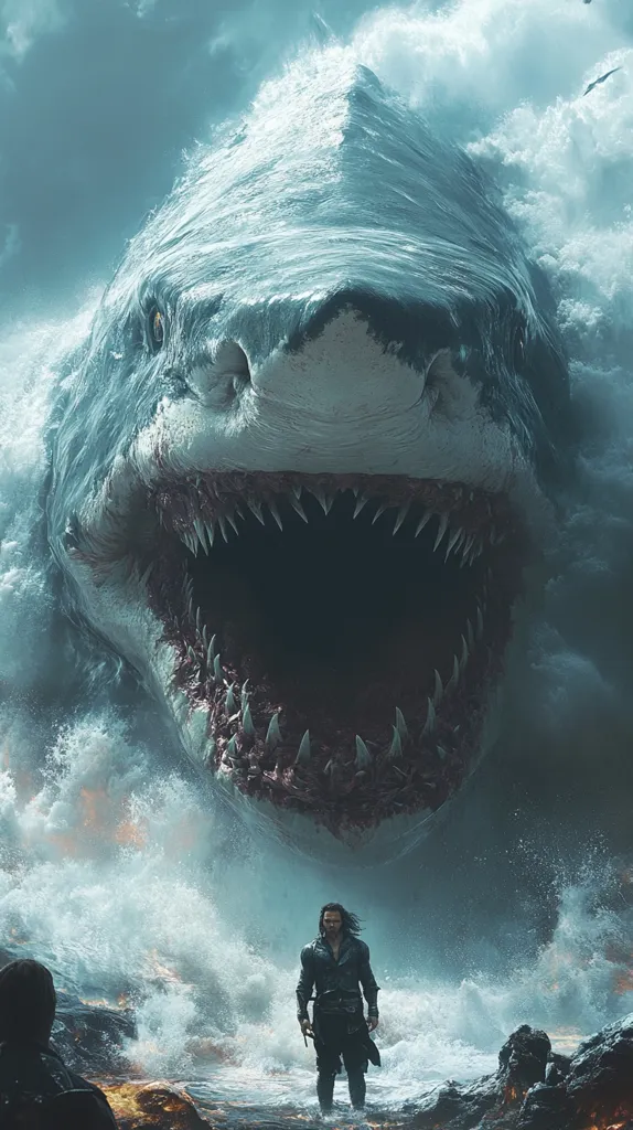 A man in a dark jacket and pants stands on a rocky shore, facing a giant, open-mouthed shark rising from the water. The shark's mouth is filled with rows of sharp teeth, and its eyes are black and menacing. The water around the shark is churning and frothing, creating a sense of chaos and danger. The sky is stormy and dark, adding to the ominous atmosphere.