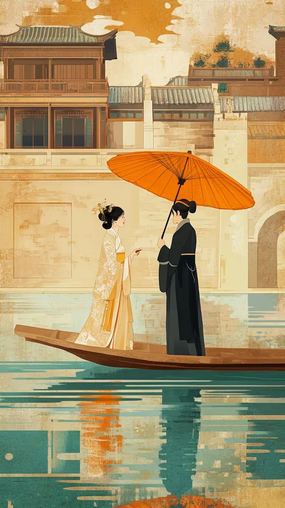 Two women, dressed in traditional Chinese clothing, are standing in a boat. They are holding an orange umbrella. The woman on the left is wearing a yellow dress with floral patterns, while the woman on the right is wearing a black dress. The boat is floating on a calm body of water with a reflection of the women and the umbrella. In the background is a traditional Chinese building with an orange roof.