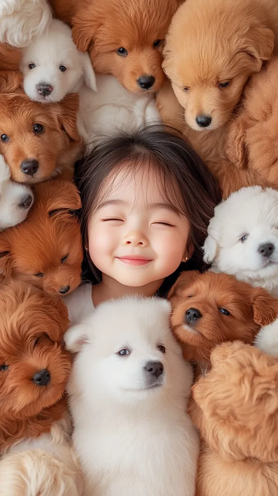 A young girl with long black hair is surrounded by a pack of adorable puppies. She is smiling peacefully as the puppies snuggle up close to her, their furry faces touching her cheeks. The scene is heartwarming and full of love.  The puppies come in various shades of brown and white, each with their own unique personalities.