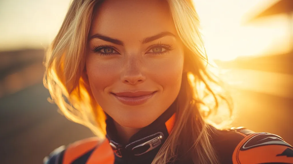 A woman with long blonde hair is smiling. She is wearing a black and orange motorcycle jacket. The sun is shining behind her, creating a warm and inviting glow. Her blue eyes sparkle in the sunlight, and she seems to be in a good mood.