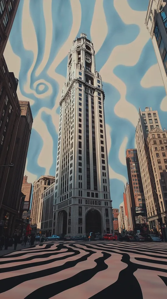 A tall, white skyscraper with a clock tower stands in the center of the image. The sky above is painted with swirling blue and white clouds. Other buildings line the street, creating a sense of urban density. Cars are parked on the street, while a few pedestrians walk along the sidewalk. The ground is covered in a pattern of black and white stripes. The image has a surreal and dreamlike quality.