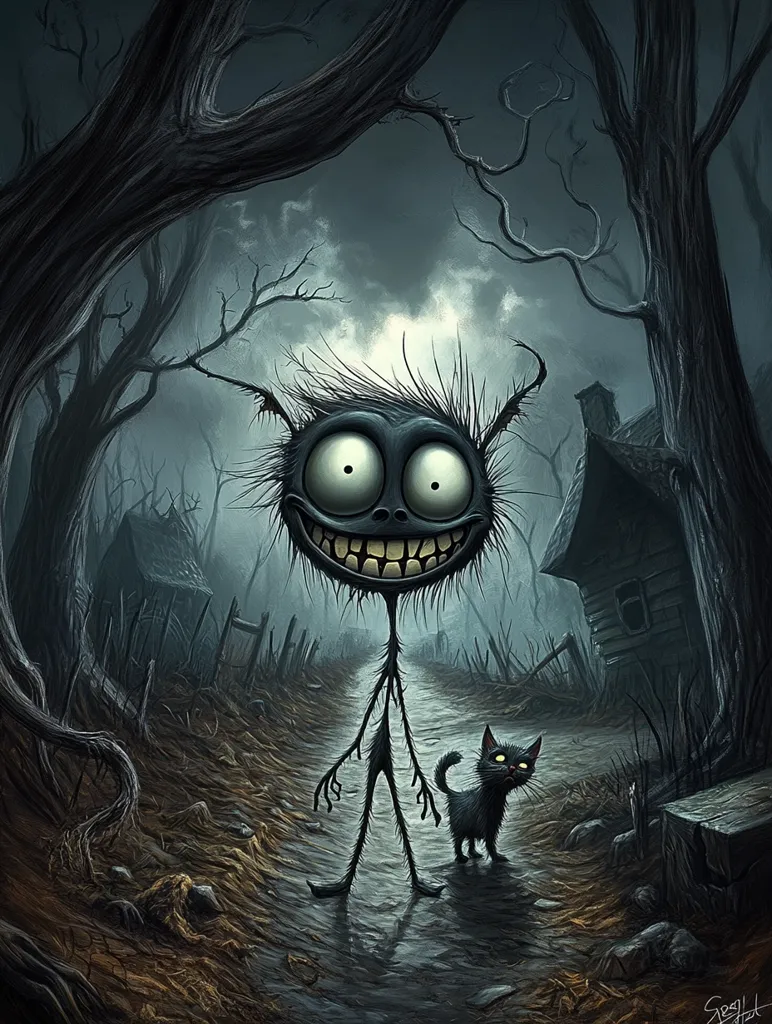 A creepy, long-limbed, furry creature with a wide smile stands in a desolate, gloomy forest. The creature's eyes are wide and unsettling. A small black cat with glowing eyes stands beside it. An old, abandoned building stands in the background, adding to the eerie atmosphere. The image creates a sense of unease and mystery.