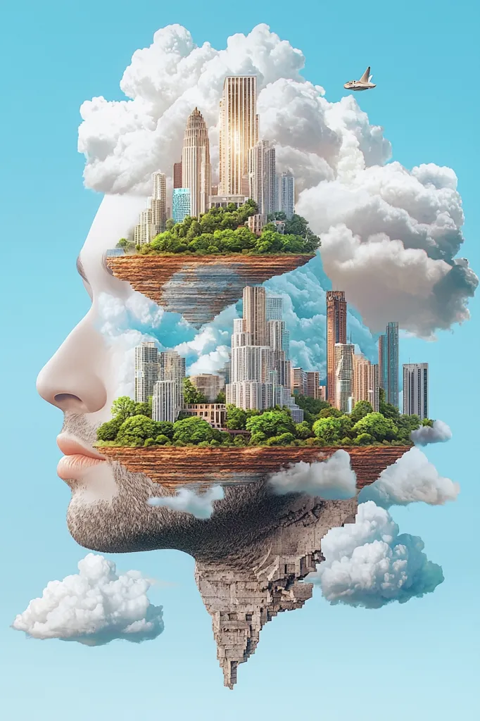 The image depicts a man's face with a floating city inside his head. The city is nestled in a bed of fluffy clouds, with a small airplane flying above. The city is filled with skyscrapers, green trees, and a river. The man's face is partially obscured by the clouds and the city, creating a surreal and dreamlike effect. The overall image suggests a connection between the mind, imagination, and the urban landscape.