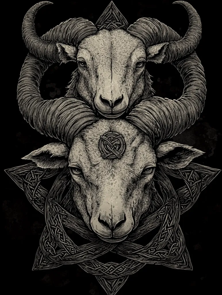The image features a detailed black and white drawing of two ram heads facing forward. Their horns are intertwined, forming a circular frame around their faces. A Celtic knot pattern appears behind the rams, filling the background of the image. The art has a dark, mystical quality, emphasizing the symbolism of the ram and the Celtic knot.