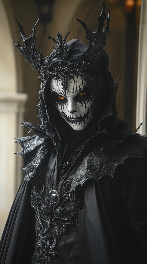 A person in a dark, intricate costume stands in a shadowy setting. They wear a black hooded cloak adorned with elaborate detailing and a crown resembling a menacing set of horns. Their face is hidden by a white mask with sharp, black lines, giving them a sinister, almost demonic appearance. Their eyes are highlighted with a bright orange, adding a sense of eerie intensity. The overall image evokes a feeling of darkness, mystery, and perhaps even a touch of horror.