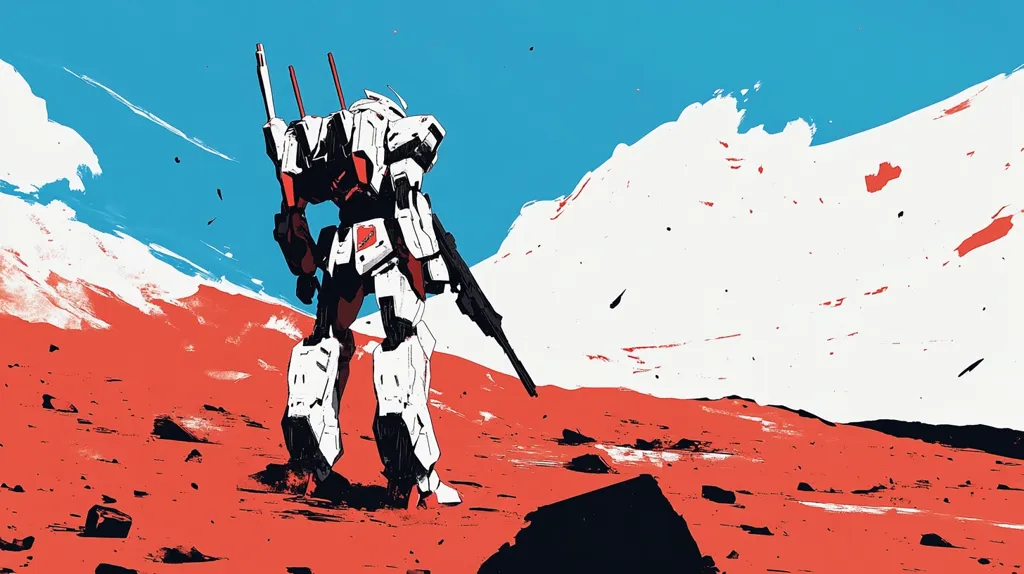 A white and red humanoid robot stands on a red and white landscape. The robot is holding a large gun in its right hand. The sky is blue with white clouds. The image has a stylized, almost abstract look to it.  The robot is standing alone and looks to be watching something in the distance.  The colors and composition give the image a sense of loneliness and isolation.
