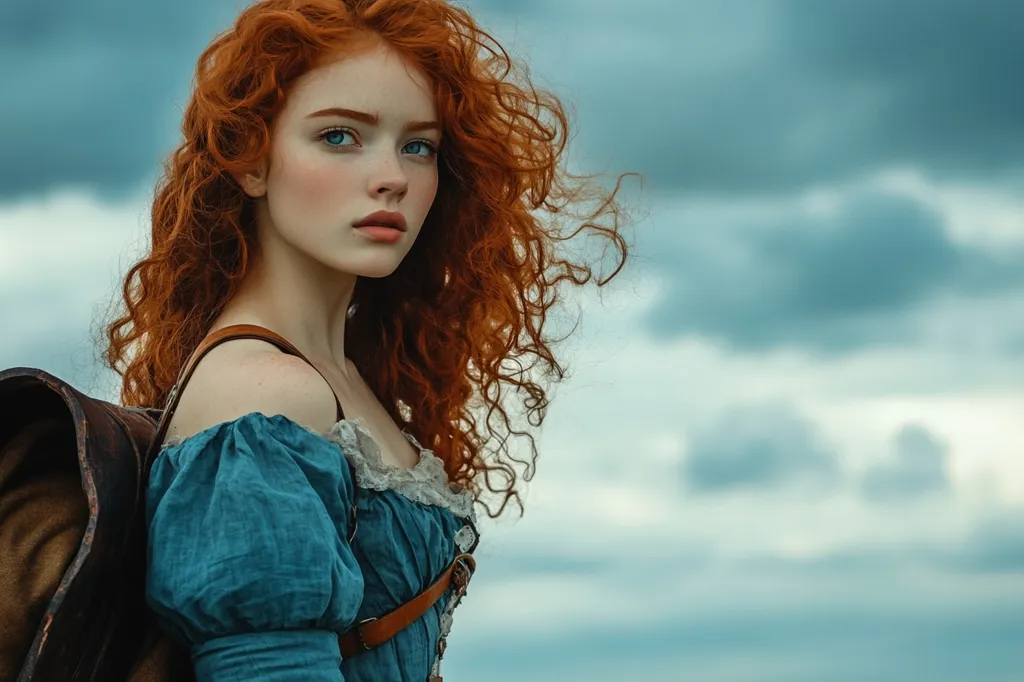 A young woman with long, curly, red hair looks intently at the camera. She is wearing a blue, off-the-shoulder dress with a brown leather strap. She is wearing a brown leather strap around her waist and has a brown leather bag strapped to her back. The background is a light blue sky with fluffy white clouds. The photo is taken from a low angle, looking up at the woman.  The woman is posed against a blurry background.  The woman is wearing a soft, feminine look. The photograph has a slightly whimsical, almost fairytale-like quality.  She appears to be in a contemplative mood.