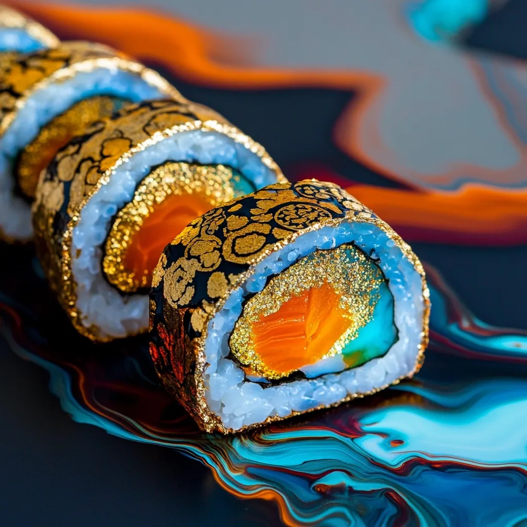 The image features four pieces of sushi, arranged in a row, with the most prominent one being the fourth piece. They are adorned with gold flakes and have a black and gold pattern. The sushi is placed on a surface with vibrant blue, green, red, and orange abstract swirls, creating a striking contrast and a visually appealing composition. The image highlights the intricate details and the luxurious appearance of the sushi, showcasing its unique and sophisticated nature.