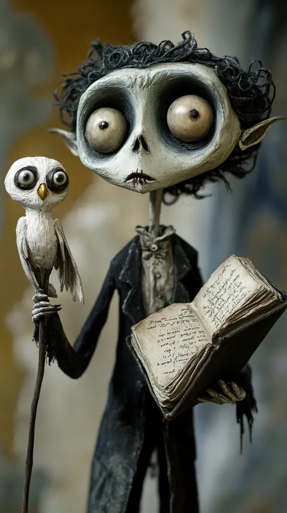 A gothic-style figurine of a skeletal figure with large, vacant eyes holds an open book and a small white owl. The figure wears a dark suit and appears to be a macabre representation of a scholar or magician. The book's pages are filled with cryptic writing, adding to the mysterious atmosphere.