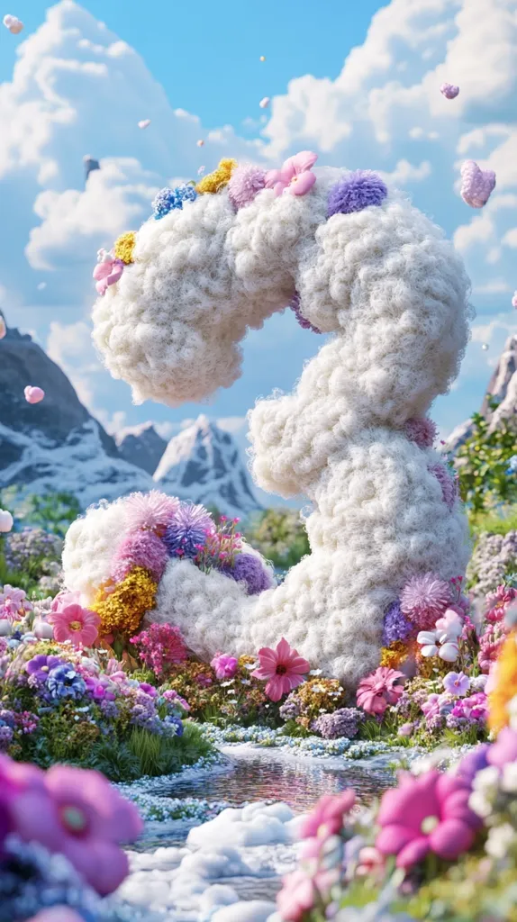 A fluffy white number three, adorned with colorful flowers, sits amongst a vibrant field of blooms. A small stream flows through the meadow, creating a serene and whimsical scene. The sky is a bright blue, with fluffy white clouds, suggesting a dreamy and magical atmosphere.