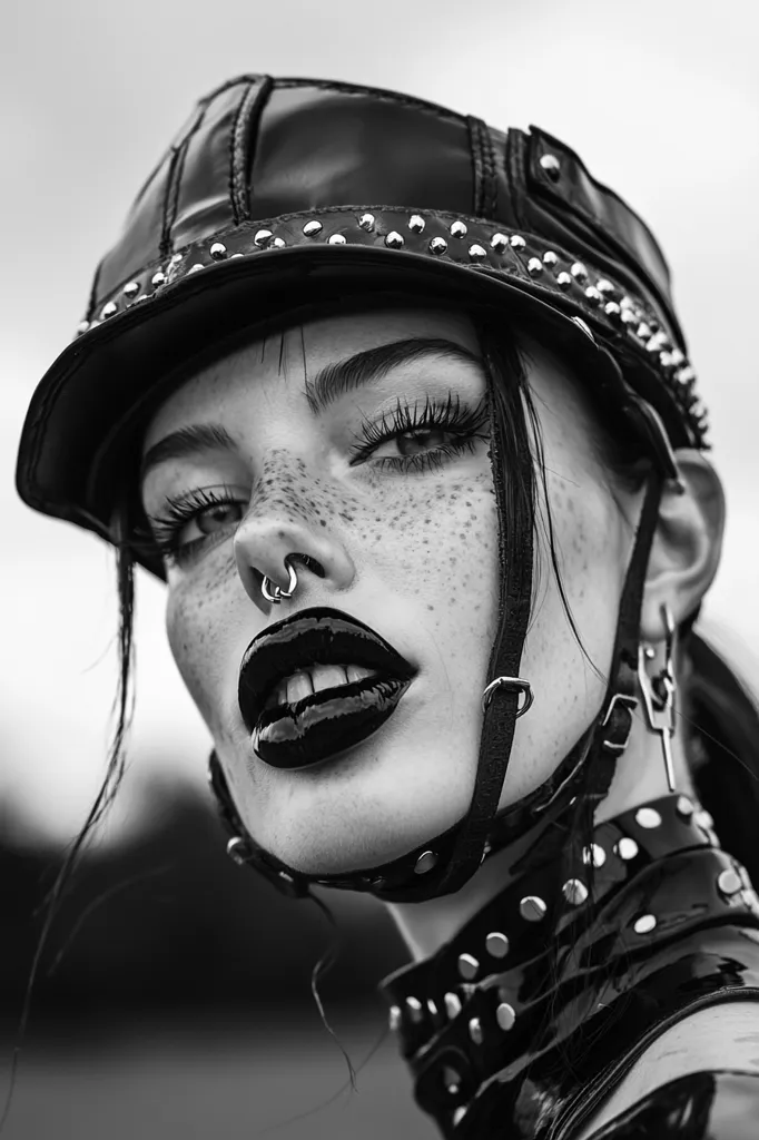 A close-up black and white portrait of a woman with dark hair, wearing a leather cap and a leather collar adorned with studs. Her face is striking with bold makeup, a nose ring, and freckles. The image has a moody and edgy aesthetic.