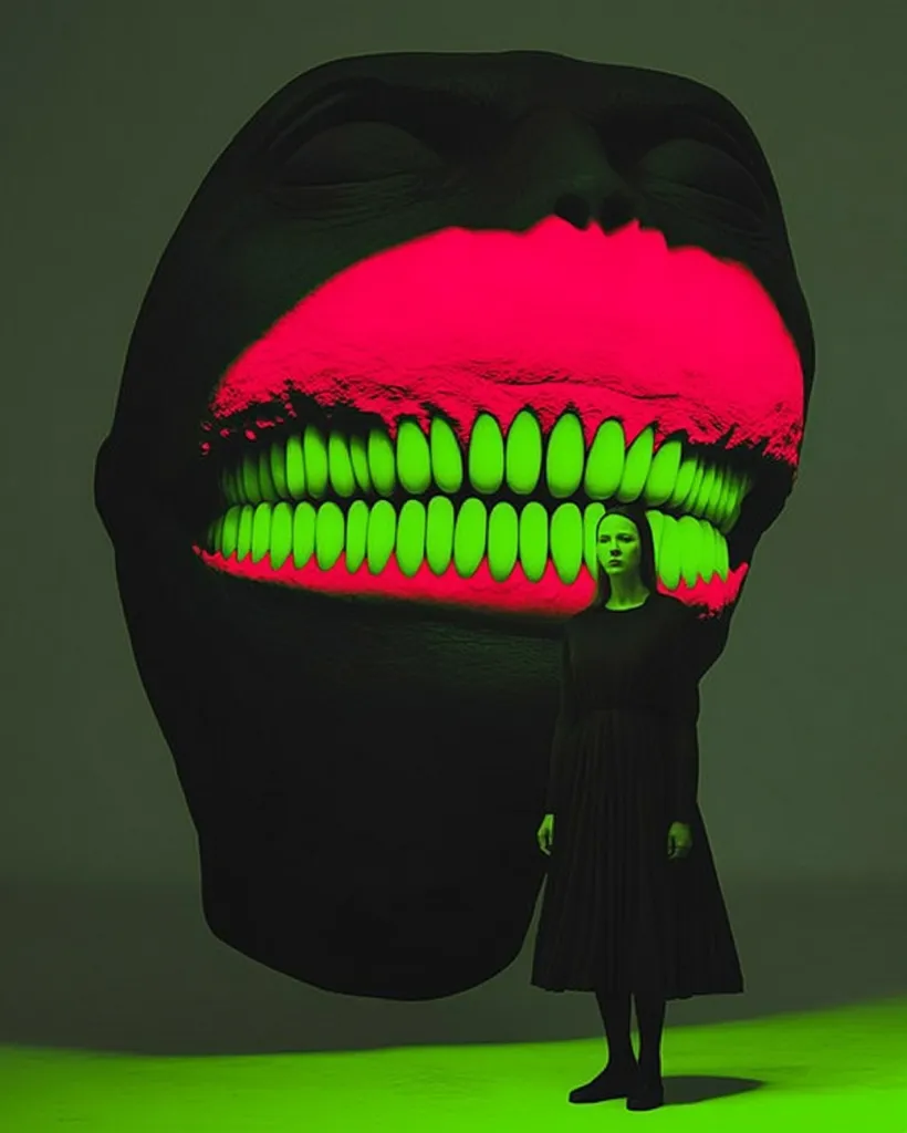 A woman in a black dress stands in front of a giant, abstract face. The face is dark, with a huge, pink, open mouth full of bright green teeth. The background is a green glow, making the scene feel ominous and surreal. The overall effect is one of unsettling beauty and an unsettling  feeling of being watched.