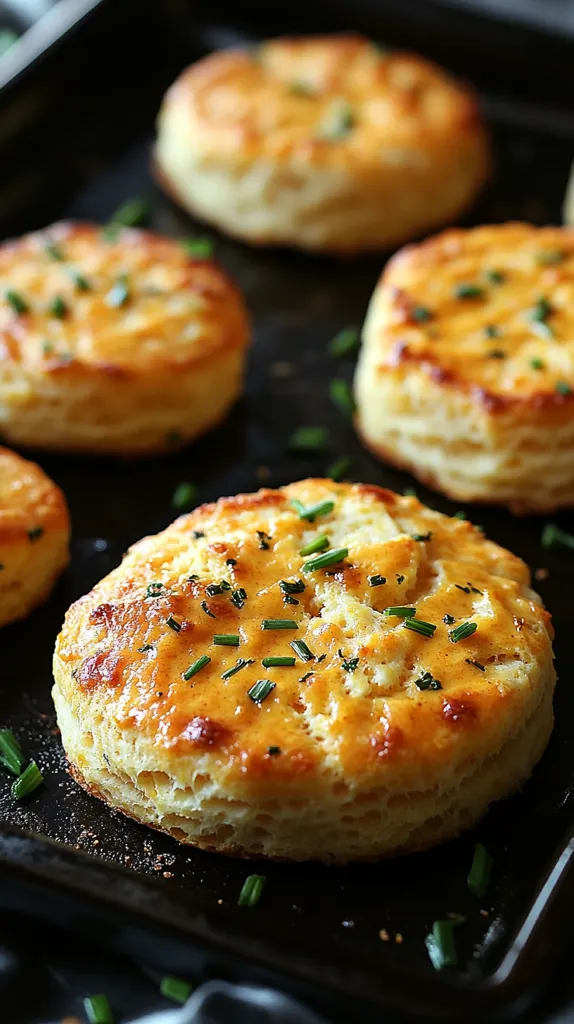 A close-up of a baking sheet filled with freshly baked biscuits. The biscuits are golden brown and topped with a  tangy cheese sauce and fresh chives. The biscuits are sitting on a black baking sheet.  The image is warm and inviting, showcasing the deliciousness of the biscuits.
