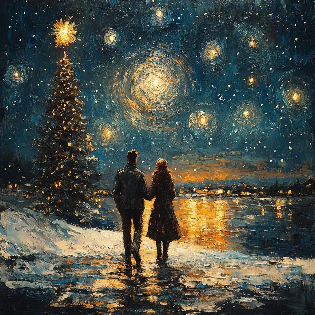 The painting depicts a romantic scene of a couple walking hand-in-hand along a snowy riverbank, under a starry night sky. A large, illuminated Christmas tree stands to the left, while a distant town reflects in the water, creating a peaceful and festive atmosphere. The artist uses thick brushstrokes and a palette of cool blues and warm yellows to capture the beauty of the winter night.