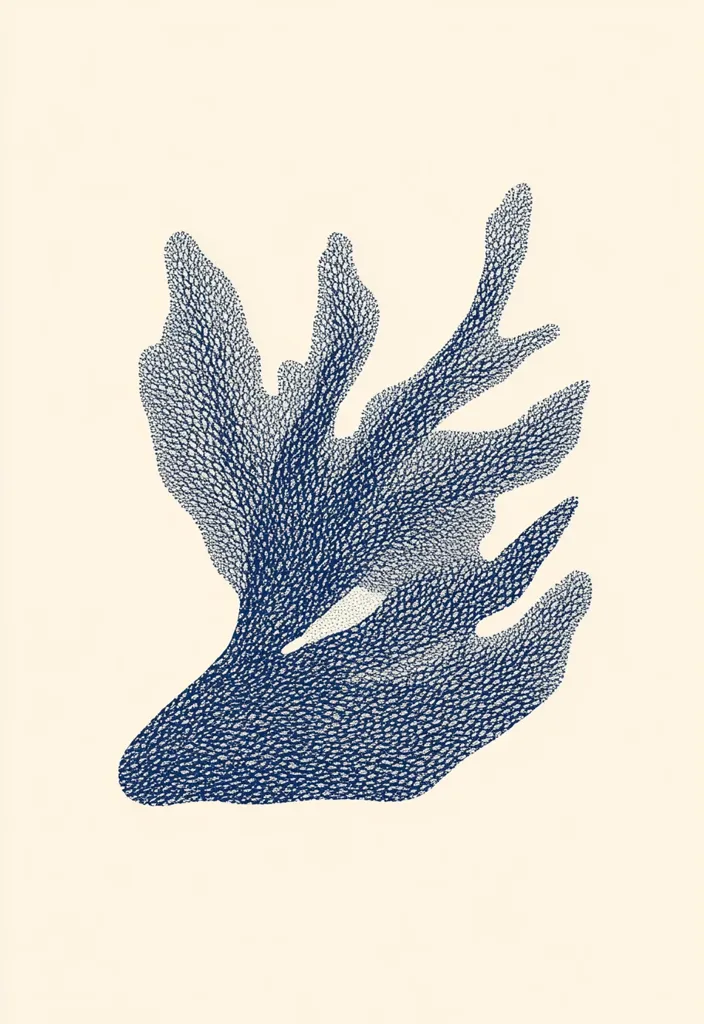 A stylized blue coral branch is depicted against a white background. The branch is rendered in a dotted pattern, creating a textured and organic feel. The intricate details of the coral's form are emphasized, highlighting its delicate structure and natural beauty. The simple composition and bold color palette create a striking and minimalist aesthetic.