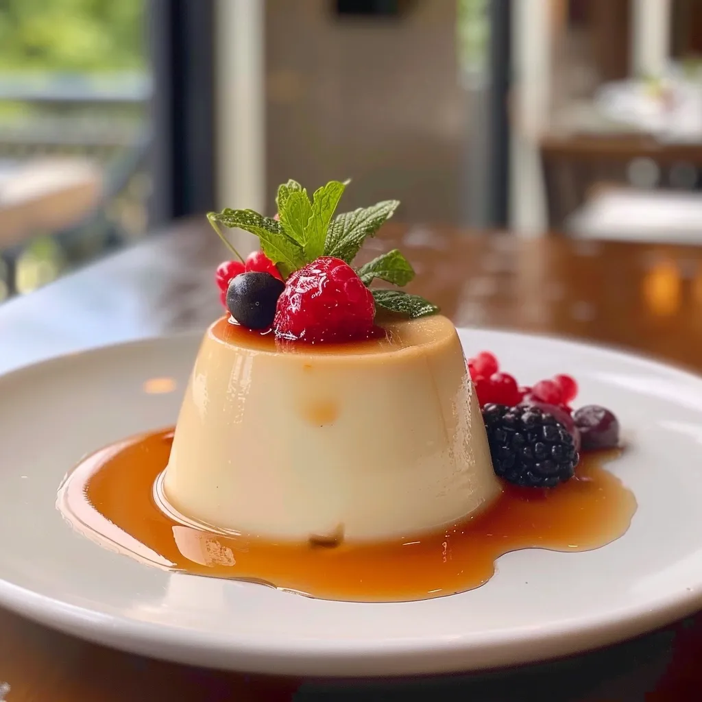 A creamy, white pudding sits on a white plate, surrounded by a pool of caramel sauce. Fresh berries and a sprig of mint add a touch of color. The pudding is smooth and silky, and the caramel sauce is rich and decadent. This dessert is sure to satisfy any sweet tooth.