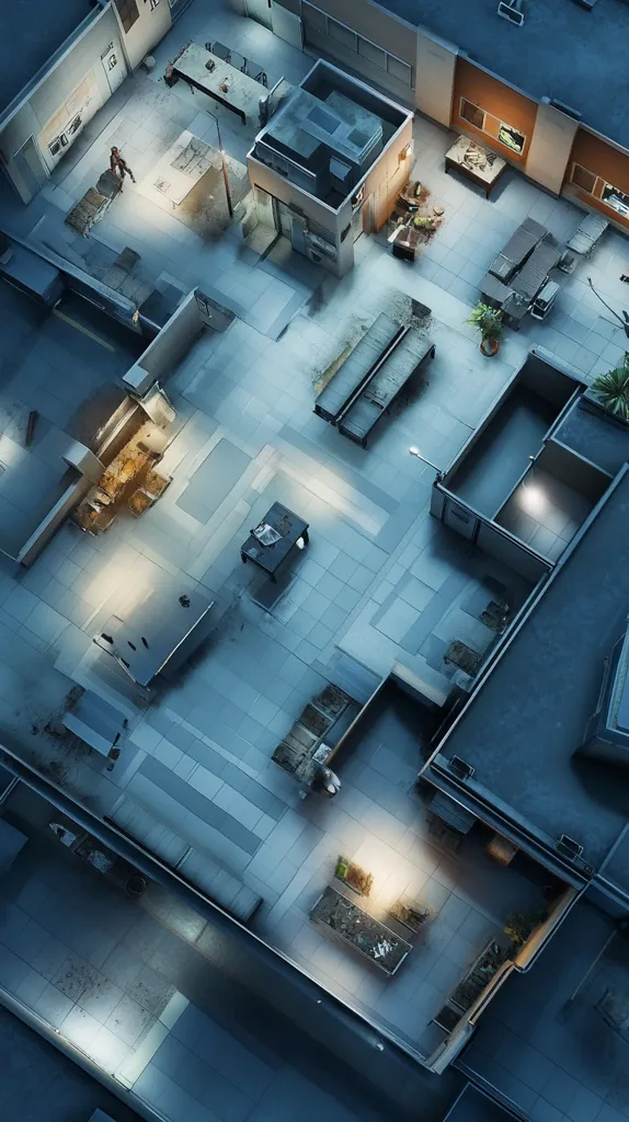 The image shows a bird's-eye view of a building's rooftop. The rooftop is made of gray tile and is divided into sections by walls. There are several potted plants, furniture, and a person standing in the center of the rooftop. The image is taken in low light, and the shadows cast by the lights create a dramatic effect.