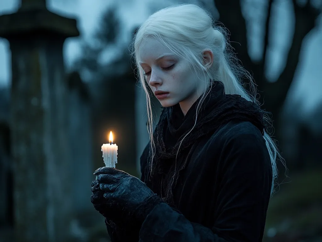 A young woman with long, white hair, dressed in black, stands in a graveyard. She holds a lit candle in her gloved hands, her gaze lowered in contemplation. The image is somber and atmospheric, conveying a sense of grief or mourning. The soft light of the candle contrasts with the darkness of the surroundings, highlighting the woman's delicate features. The background is blurred, suggesting a sense of isolation and introspection.