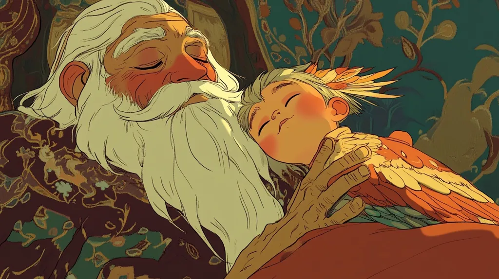 An elderly man with a long white beard and closed eyes is gently holding a small child with feathery wings who is sleeping peacefully on his lap. The child is dressed in an orange and white outfit with a crown of feathers on their head. They are sitting on a colorful floral patterned chair. The image evokes feelings of love, protection, and tenderness.