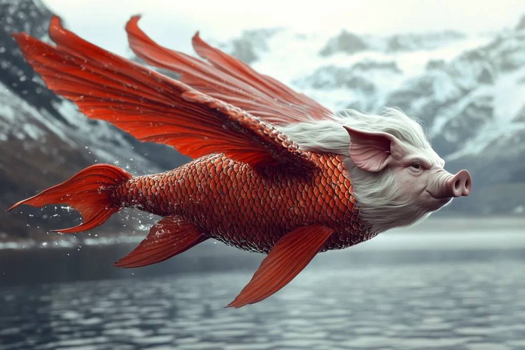 A fantastical creature, with a pig's head, white fur, and pink ears, has the body of a fish with large, orange fins. Its tail is sleek and red, and it appears to be flying through the air above a body of water. The creature is in focus, while the background is blurred, creating a sense of depth and movement. The image evokes a sense of wonder and fantasy.
