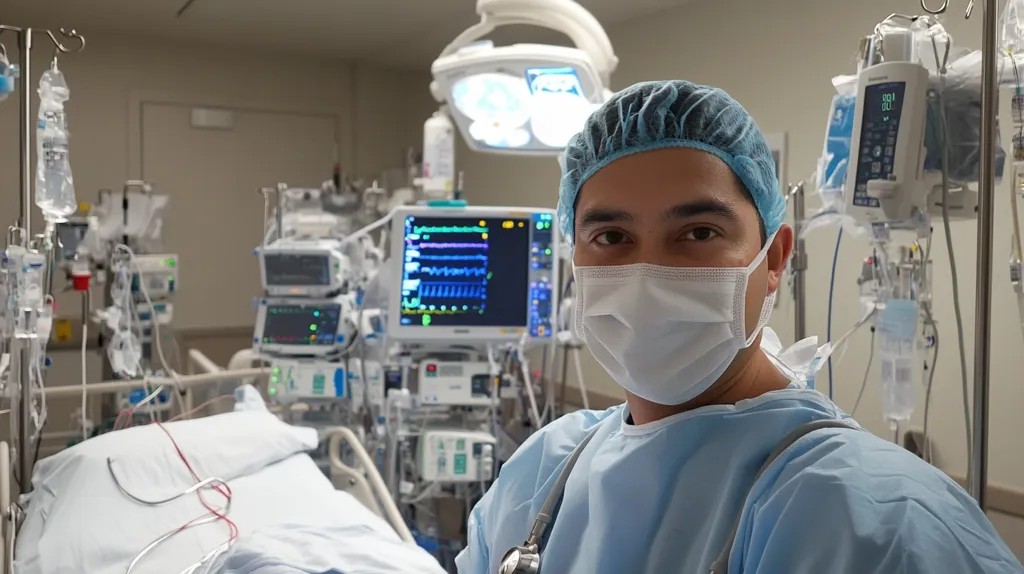 A man in a surgical cap and gown stands in a hospital room with a patient bed in the foreground and a series of medical machines and equipment in the background. He is wearing a surgical mask and a stethoscope. The room is brightly lit, but the man's expression is serious, suggesting he is at work. The image is a glimpse into the world of medicine and the dedication of healthcare professionals.
