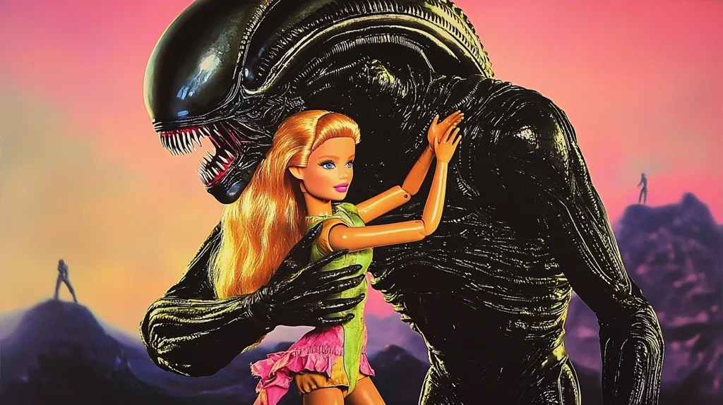 A Barbie doll, dressed in a pink and green dress, is being hugged by a Xenomorph alien. The alien has a large, menacing head and a black, scaly body. They are standing on a rocky landscape with a pink and orange sky in the background. The image creates a surreal and unsettling contrast between the innocence of the Barbie doll and the terrifying nature of the Xenomorph.