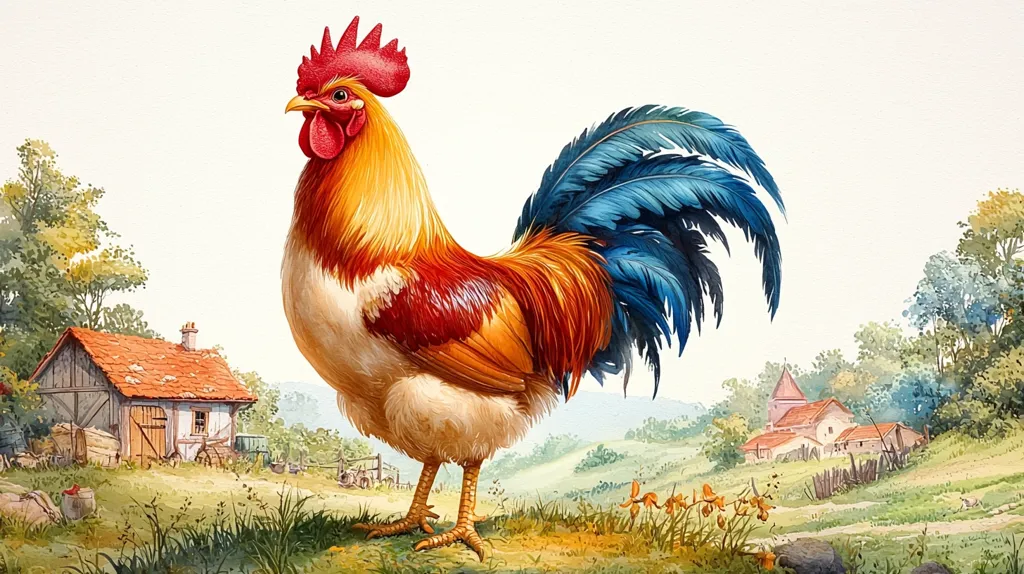 A vibrant rooster stands proudly in a lush countryside setting. The rooster's feathers are a striking blend of orange, red, and blue, making it a standout subject against the green fields and distant houses. The painting captures the rooster's alert posture and proud demeanor, showcasing its magnificent plumage in detail. The scene suggests a tranquil and idyllic rural life, with the rooster as a central figure.