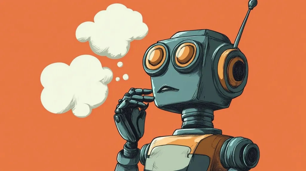 The image depicts a cartoon robot with large round eyes and an antenna on its head. The robot is thinking, as indicated by the thought bubbles above its head. The robot's hand is raised to its chin in a thoughtful gesture. The background is a solid orange color. The drawing style is simple and whimsical. The robot has a blue and orange color scheme.