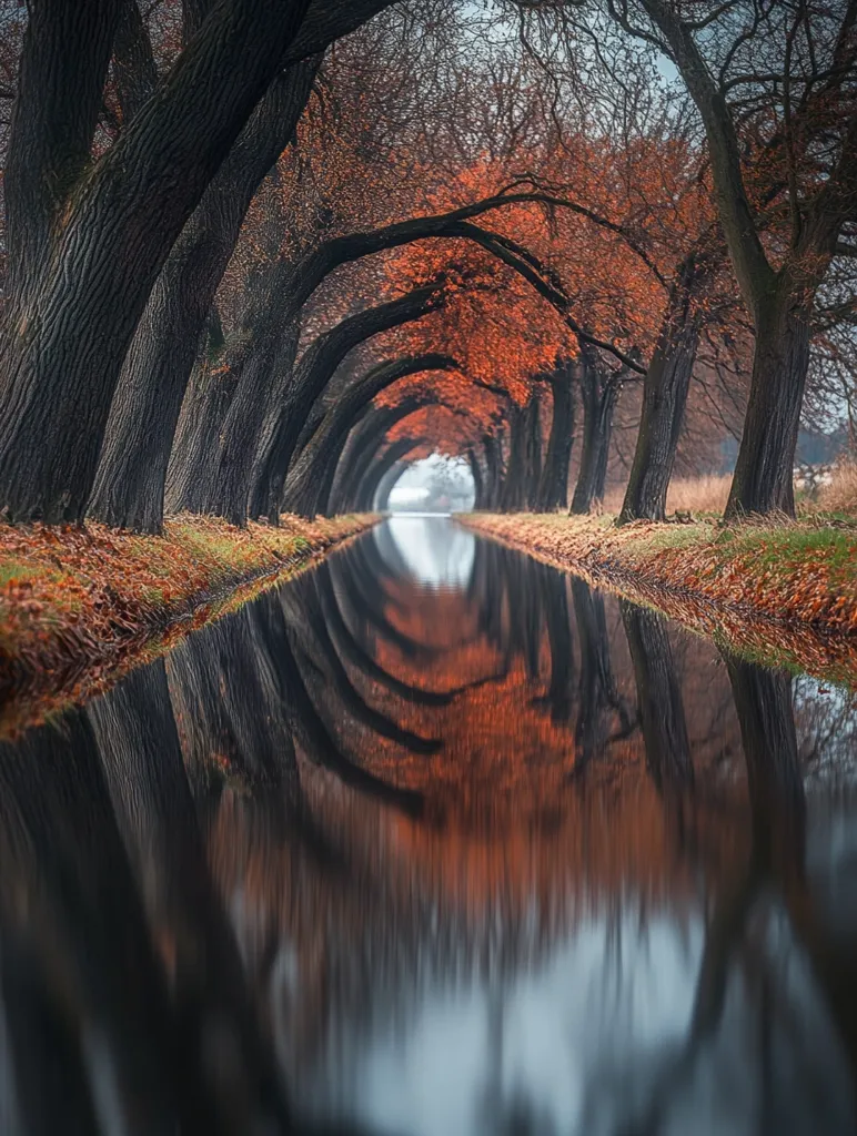A narrow canal winds through a tunnel of trees, their bare branches reaching towards the sky. The water reflects the trees, creating a mirrored image. The trees on either side of the canal have lost their leaves, revealing their twisted branches. The autumnal colours of the leaves are muted, suggesting a misty day. The scene is tranquil and serene, a reminder of the beauty of nature in its quiet moments.