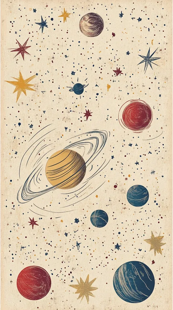 The image depicts a celestial scene with a cream background. It features various planets in different colors like yellow, blue, red, and a few are striped. It has stars of different sizes and shapes in different colors like yellow, red, and blue, scattered across the background, some of them have rays of light emanating from them. There is a planet with rings around it, and it looks like a stylized image of Saturn.