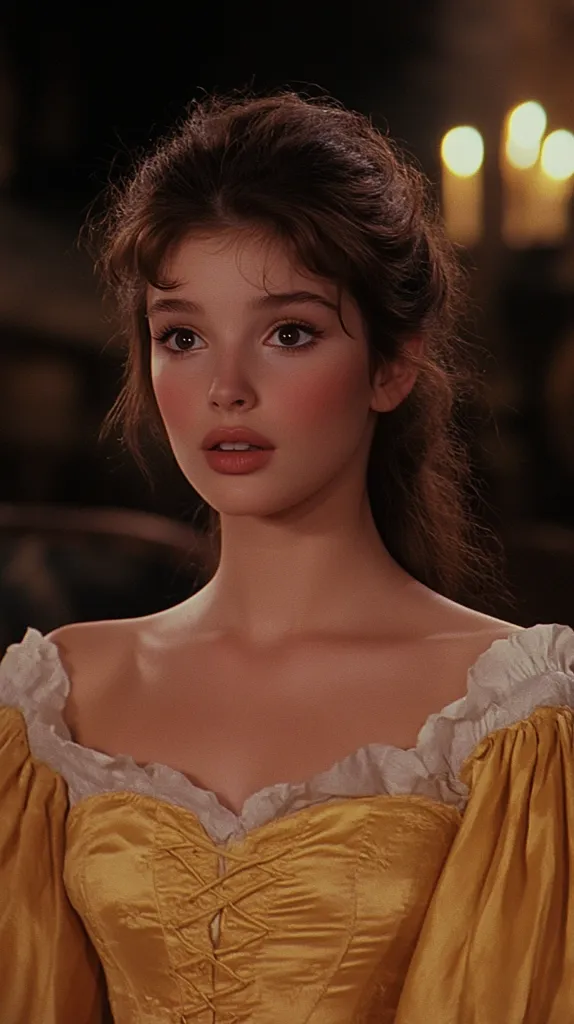 A young woman with long brown hair, wearing a yellow dress with a white lace trim, poses for a portrait. Her eyes are wide and her lips are slightly parted, conveying a look of youthful innocence. The soft lighting and warm color tones create a romantic and ethereal atmosphere. The background features a warm glow from candlelight, adding to the overall sense of drama and beauty.