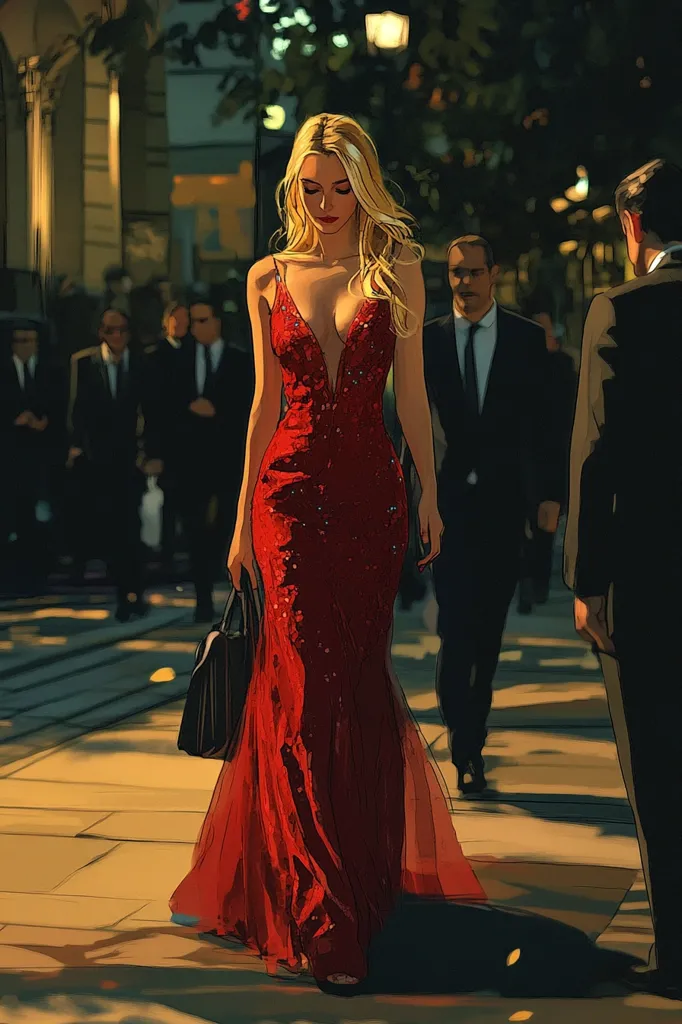 A woman in a red gown walks with a man in a suit and tie, while other people in suits are walking behind them in the background. The scene appears to be taking place at night in a city. The woman is carrying a black purse and her dress is flowing in the wind. The scene is lit by the light from the street lamps. The woman has long blonde hair and red lipstick.  The man is wearing a dark suit and tie.  The background is blurry and out of focus, and the scene is a bit mysterious.