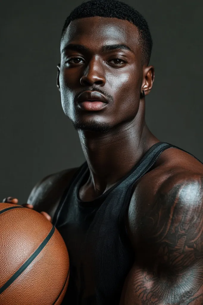 A close-up shot of a muscular Black man wearing a black tank top, holding a basketball. He has short, neatly trimmed hair and a serious expression. He is looking directly at the camera. The background is a simple gray. The image is lit in a dramatic fashion, highlighting the man's features and muscles.  The focus is on the man's face and the basketball.  The image conveys strength, intensity, and determination.