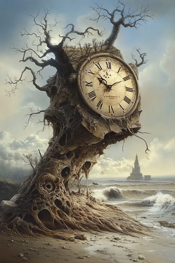 The image depicts a surreal landscape featuring a skeletal tree with a large clock face embedded in its trunk. The tree stands on a sandy beach, its gnarled branches reaching towards a cloudy sky. In the distance, a towering structure rises from the churning waves of the sea, hinting at a lost civilization or a forgotten world. The image evokes a sense of timelessness and decay, with the clock face frozen in time and the skeletal tree a symbol of life's fleeting nature.  The overall composition is both visually striking and emotionally evocative.