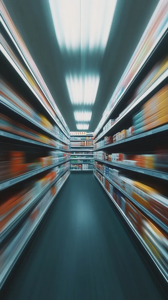 The image shows a long aisle in a grocery store. The shelves are stocked with products, but the image is blurred to give a sense of motion and speed. The lighting is bright and white, illuminating the aisle. The perspective of the image makes the aisle look like it is disappearing into the distance. The overall effect is one of movement and energy.