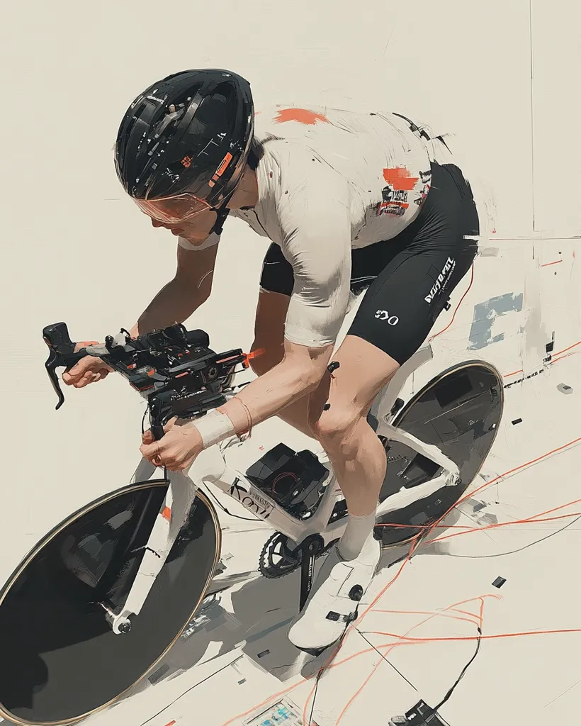 A cyclist in a white and black cycling outfit, wearing a black helmet, rides a white bicycle with black accents. The cyclist is leaning forward, gripping the handlebars, and focusing on the road ahead. The scene is dynamic and energetic, capturing the intensity of the sport.  The background is a blurred white with orange lines, adding to the sense of speed and motion.  The focus is on the rider's form and determination.