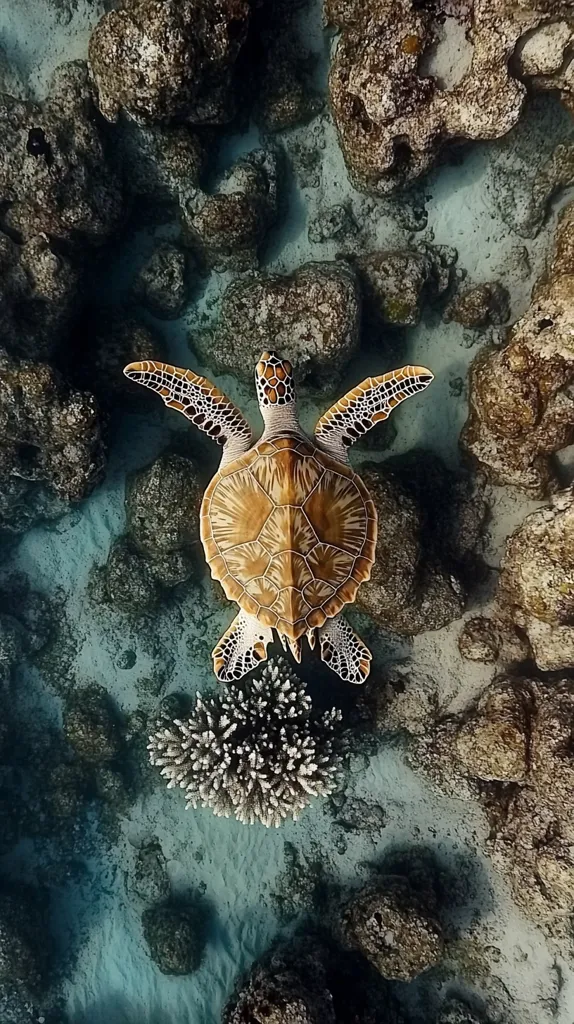 An overhead view of a sea turtle swimming in shallow turquoise water. The turtle has a brown and yellow shell with white markings.  The water is clear, and the bottom is covered in rocks and coral. The turtle is facing the camera, its head is hidden from view. The image has a calm and serene feel.