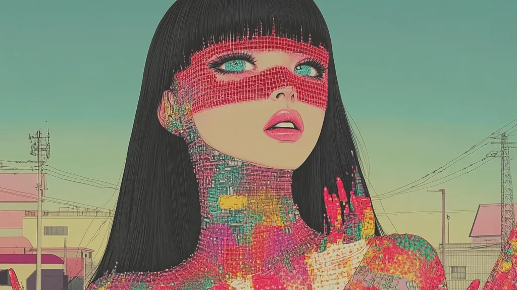 The image depicts a woman with long black hair and a colorful, pixelated skin. Her eyes are a bright blue, and her mouth is a bright pink. She is wearing a red, pixelated mask over her eyes. The background is a muted green, with a cityscape in the distance. The image is a blend of digital and analog, with a futuristic aesthetic.  The overall tone of the image is one of mystery and intrigue.