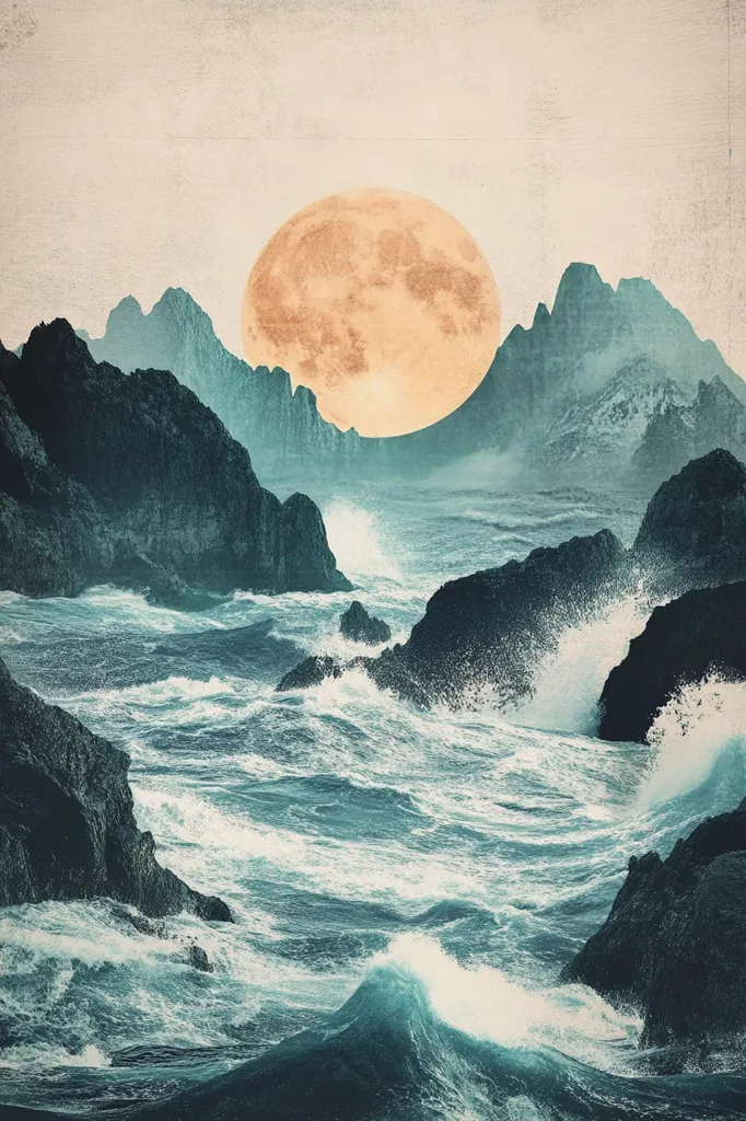 A large, full moon hangs above a turbulent ocean. Rugged, dark cliffs rise from the water, partially obscured by fog. The waves are crashing against the rocks, creating a dramatic scene of power and beauty. The image has a vintage, faded feel.  The moon casts a soft, golden light on the scene, creating a magical and ethereal atmosphere.