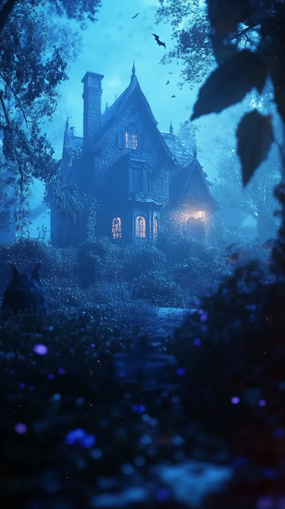 A mysterious, stone-built house with pointed roofs and a lantern glow sits shrouded in fog and dense trees. Bat silhouettes flit in the twilight sky. The scene has a haunting, fairytale-like quality, as if the house is a secret hidden away in a forgotten corner of the woods. The air is thick with the promise of mystery and wonder.