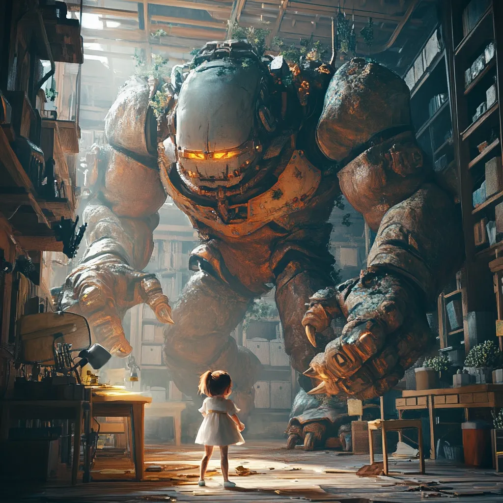A giant, rusty robot stands over a small girl in a white dress. The girl looks up at the robot with a curious expression. The robot's hand is close to the girl, and it appears to be reaching out to her. The setting is an old, cluttered room with shelves full of books and other objects. The room is bathed in warm, golden light. The image creates a sense of wonder and mystery.
