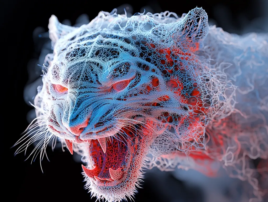 The image shows a close-up of a tiger's head. The tiger is made of a white, blue, and red mesh that resembles a web. The tiger's mouth is open wide, revealing sharp teeth, and its eyes are bright orange. The image is dark and ominous, creating a sense of danger.  The mesh texture is intricate and detailed.  The tiger’s fur appears to be made of fine threads that come together to form a web-like pattern. The image gives the feeling that the tiger is made of energy.