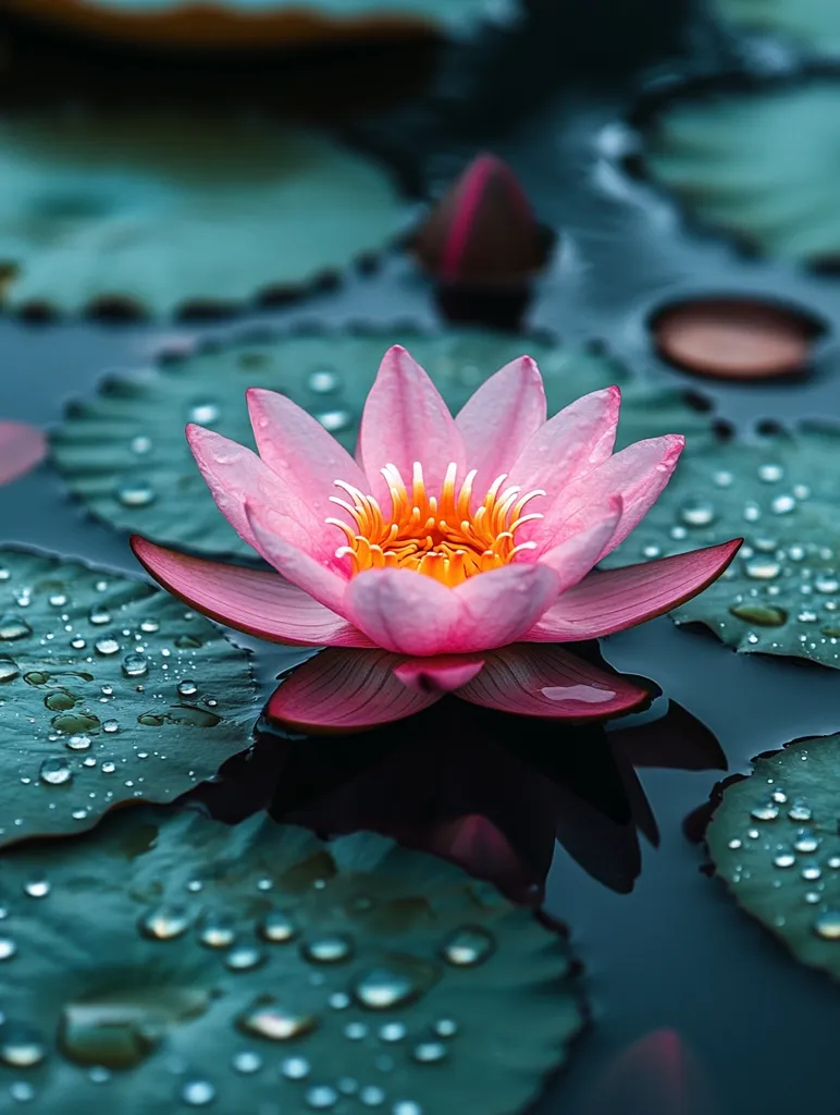 A pink water lily with a yellow center blooms in a pond. The lily pads are covered in water droplets, reflecting the light. The water is dark and still, creating a sense of tranquility. The lily is the focal point of the image, with its delicate petals and bright colors.