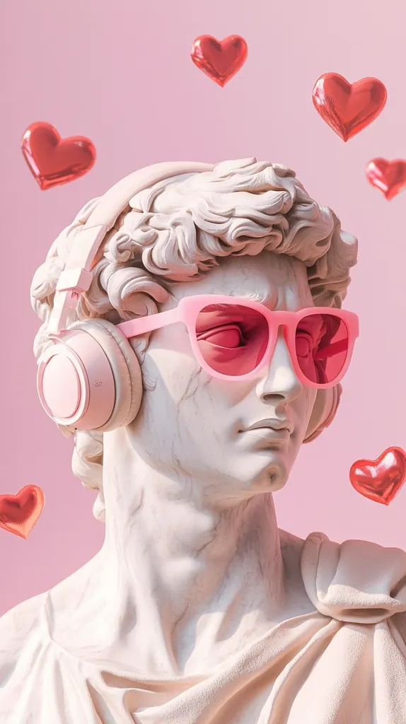 A white marble bust of a man, wearing pink sunglasses and headphones, is set against a pink background. Red hearts float around the bust, creating a playful and romantic atmosphere. The bust's serious expression and the hearts' whimsical presence create a visually striking contrast.