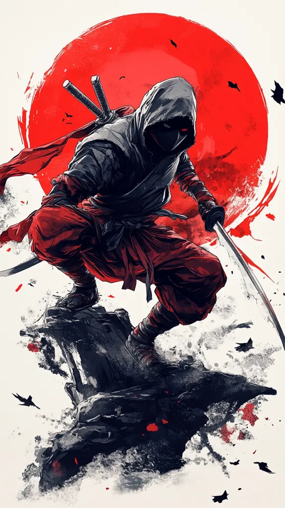 A ninja, clad in black and red, stands on a rocky outcrop against a backdrop of a large red sun. The ninja has a hood pulled over their head, obscuring their face, and is wielding a katana sword. The image is rendered in a striking, graphic style, evoking a sense of danger and power.  A background of black birds and splattered red paint creates a dynamic atmosphere.