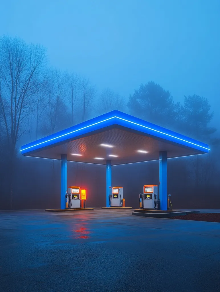 A deserted gas station with blue neon lights stands in the middle of a foggy forest.  The blue lights illuminate the empty pumps and the wet asphalt below.  The fog obscures the trees and makes the scene feel eerie and desolate.  The image is shot from a low angle, giving the gas station a sense of imposing scale.  The blue hues give the image a retro, almost dystopian feel.